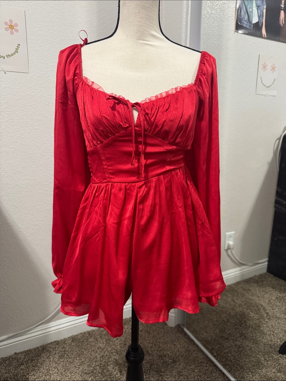 Francesca's Collections Red Long-Sleeve Romper with Tie-Front